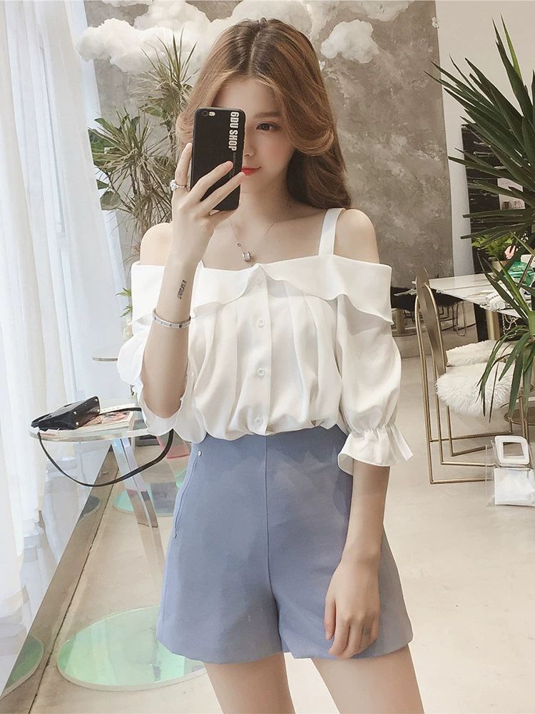 모던 트렌드 여성 중년 오프숄더 루즈핏 여름 브이넥 여름블라우스 프릴블라우스 레이스블라우스 화이트 S - 상세 이미지 2