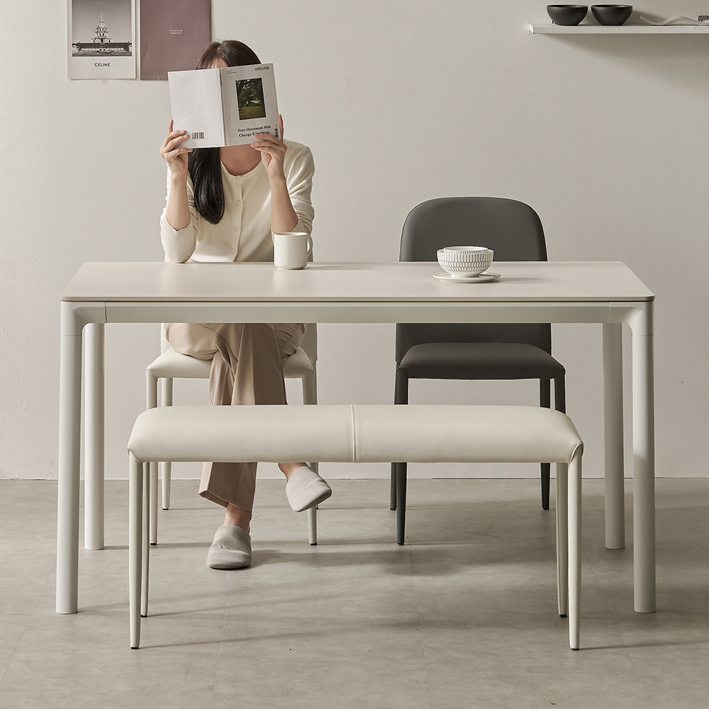 로프트 포세린 세라믹 식탁세트 웜화이트 의자2벤치1, 1200mm, 웜화이트프레임 이미지 2
