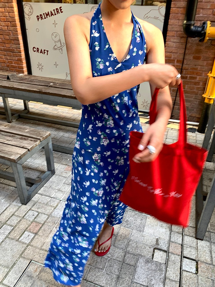 브이넥 꽃무늬패턴 나시롱원피스 뒷리본포인트 허리슬림핏 예쁜 디자인 여름 블루 - 상세 이미지 3