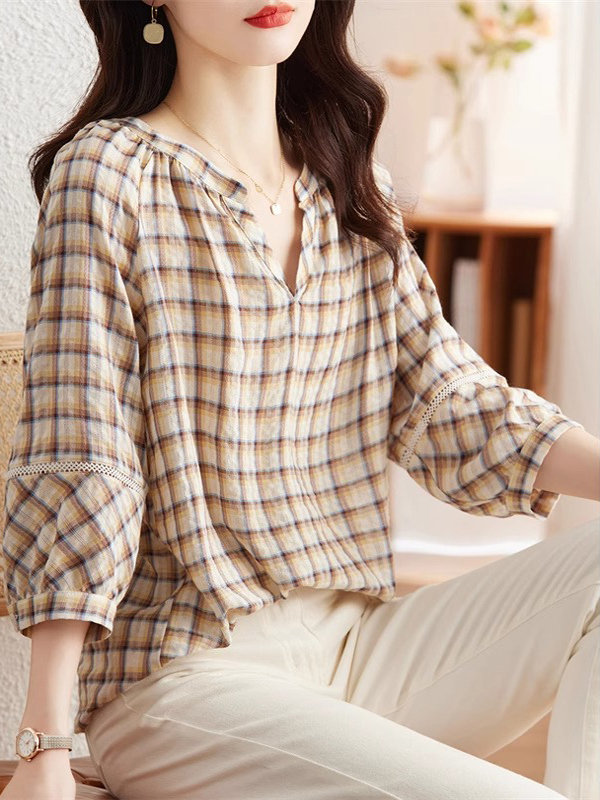 중년여성옷 면린넨 체크 롱루즈핏 긴팔 셔츠 체크 S - 상세 이미지 3