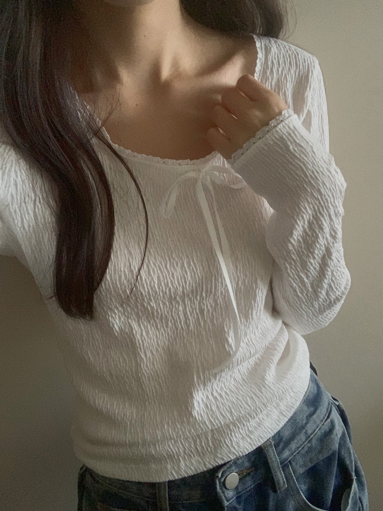오버무드 봄 가을 스퀘어넥 리본 레이스 주름 플리츠 긴팔티 3color - 상세 이미지 2