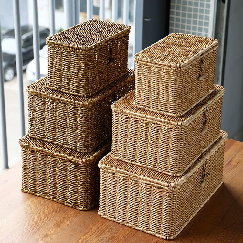 라탄바구니 팬트리 엔틱바구니 뚜껑 정리함 보관함 바스켓 연한 갈색 27x21.5x18cm 포함 모조 등나무 - 상세 이미지 5