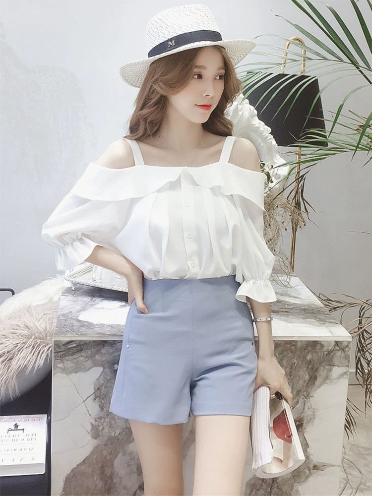 모던 트렌드 여성 중년 오프숄더 루즈핏 여름 브이넥 여름블라우스 프릴블라우스 레이스블라우스 화이트 S - 상세 이미지 4