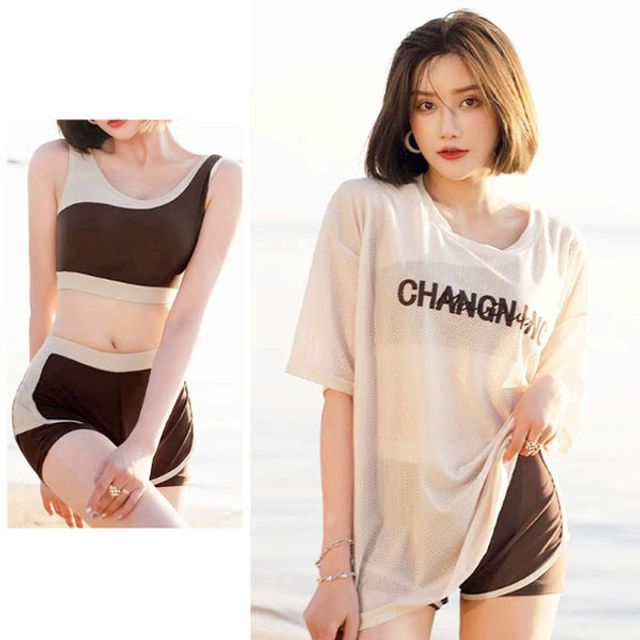 은창)매쉬 커버 스포티 어빈 3피스 비키니 수영복 래쉬가드 모노키니 여름 휴가 비치 썸머 여성 커버업 블루 - 상품 이미지
