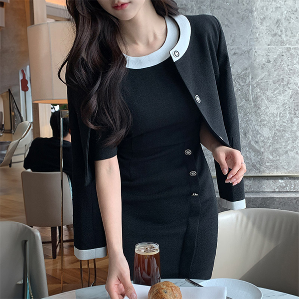 [자체제작] H라인 반팔 미니 트위드 원피스 op13675