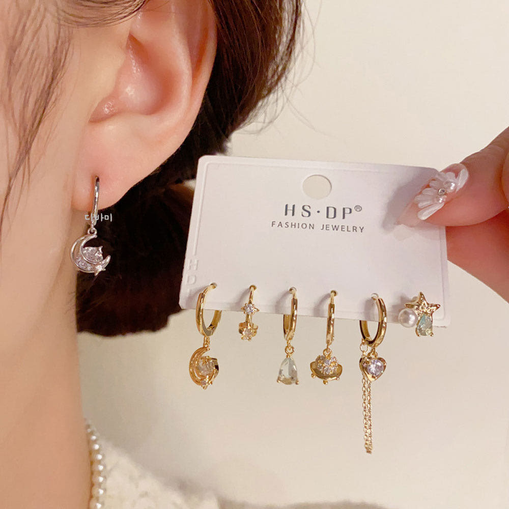14K 진주 원터치 링귀걸이 세트 달 하트 체인 이어링 - 상세 이미지 5