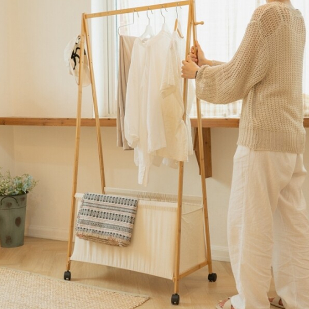 감성 원목행거 이동식 스탠드 수납바구니 옷걸이 원룸 옷방