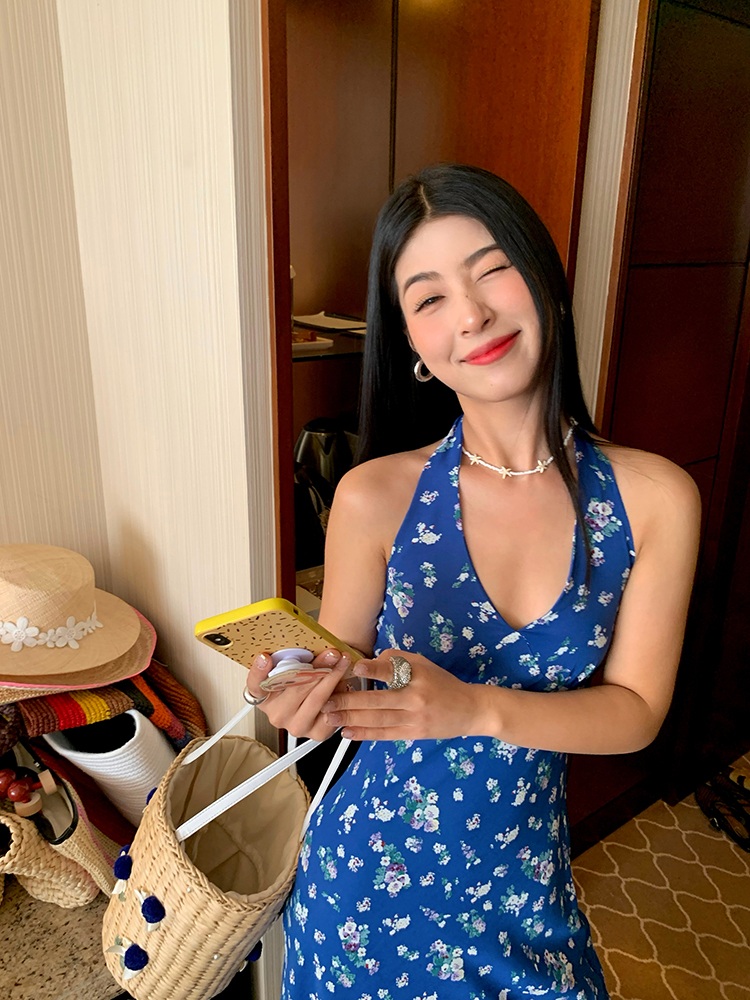 브이넥 꽃무늬패턴 나시롱원피스 뒷리본포인트 허리슬림핏 예쁜 디자인 여름 블루 - 상세 이미지 4