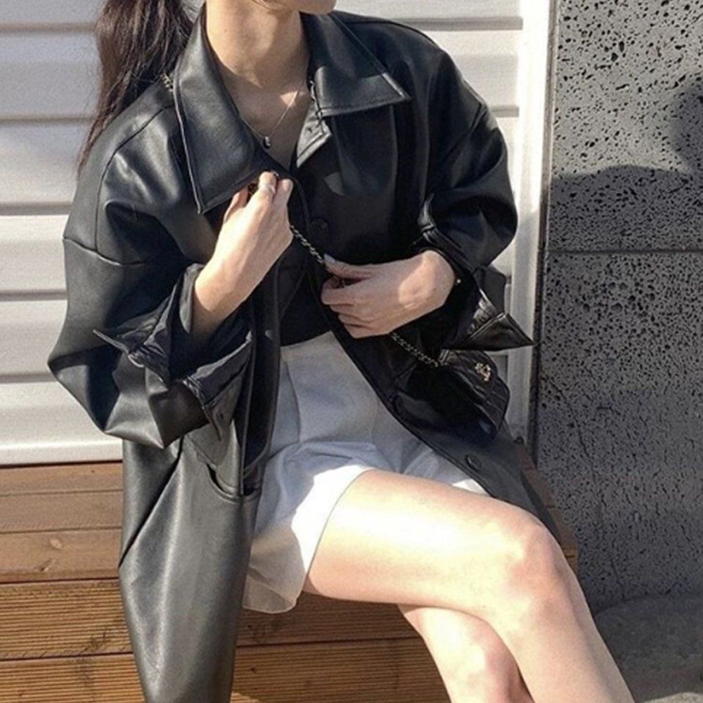여성 오버핏 패션 레더 소재 데일리 패션 가죽 자켓 블랙 - 메인 이미지
