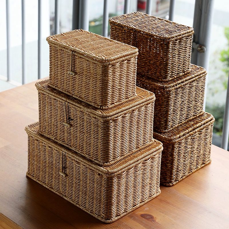 라탄바구니 팬트리 엔틱바구니 뚜껑 정리함 보관함 바스켓 연한 갈색 27x21.5x18cm 포함 모조 등나무 - 상품 이미지