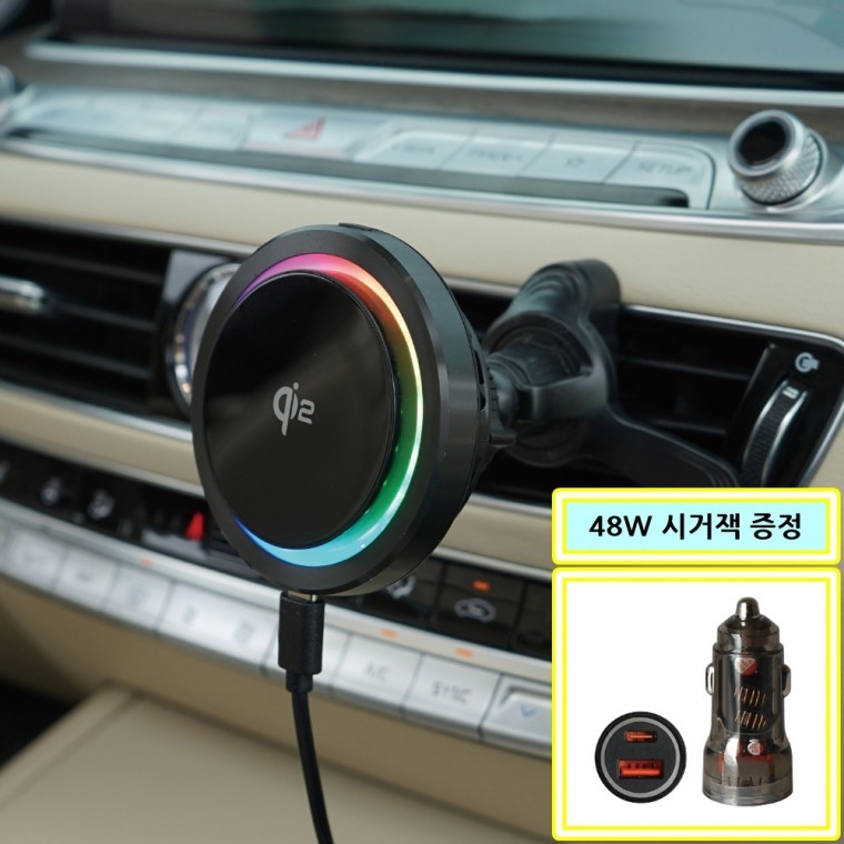 Qi2 맥세이프 지원 차량용 무선충전기 휴대폰 거치대 고속충전 차량 충전기 시거잭 증정 - 상품 이미지
