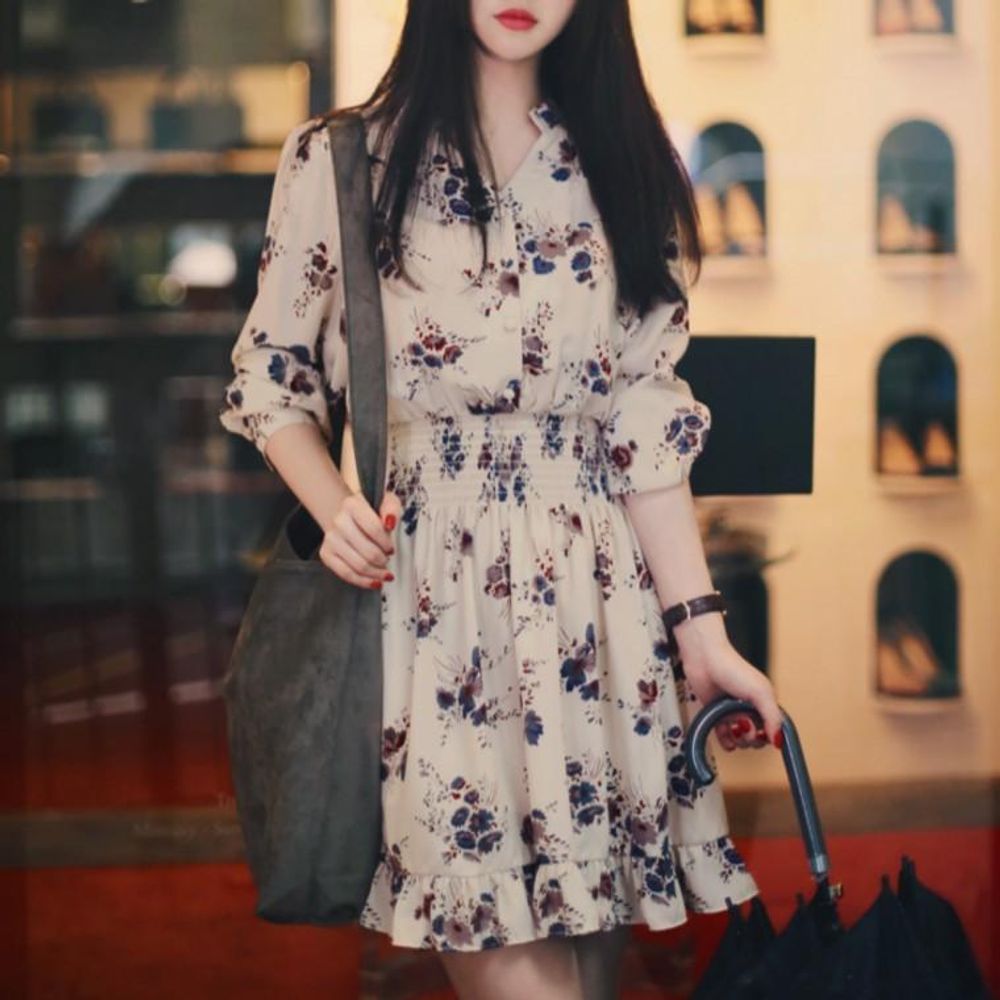 여리여리 플라워 허리밴딩 원피스 베이지 - 상품 이미지