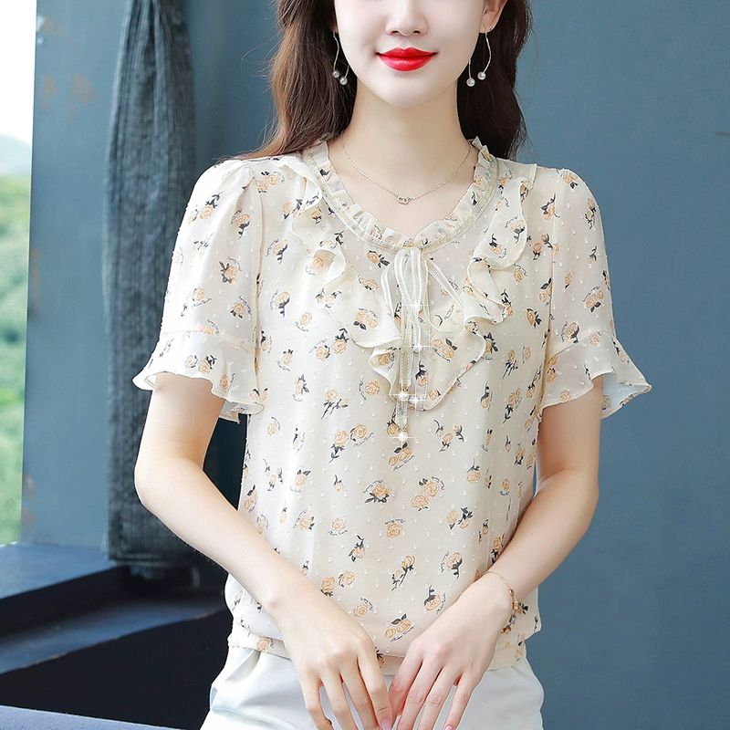 반팔 여름 오버핏 기능성 기본 쿨론 반팔블라우스 티블라우스 프릴블라우스 여성 살구색 바탕 노란꽃 M - 상세 이미지 3