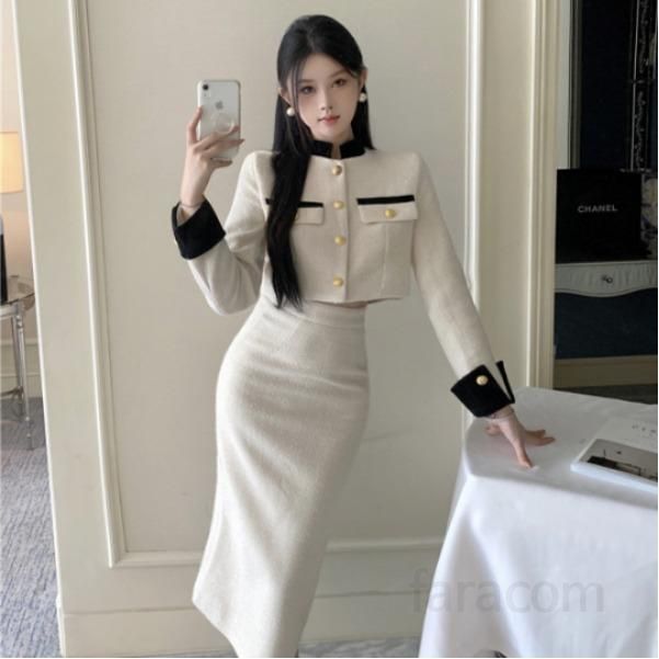 여성 트위드투피스세트 하이웨이스트 스커트 자켓 셋업 오피스룩 정장 스타일 여성정장세트 우아한 디자인 하객룩 세련된 코디용