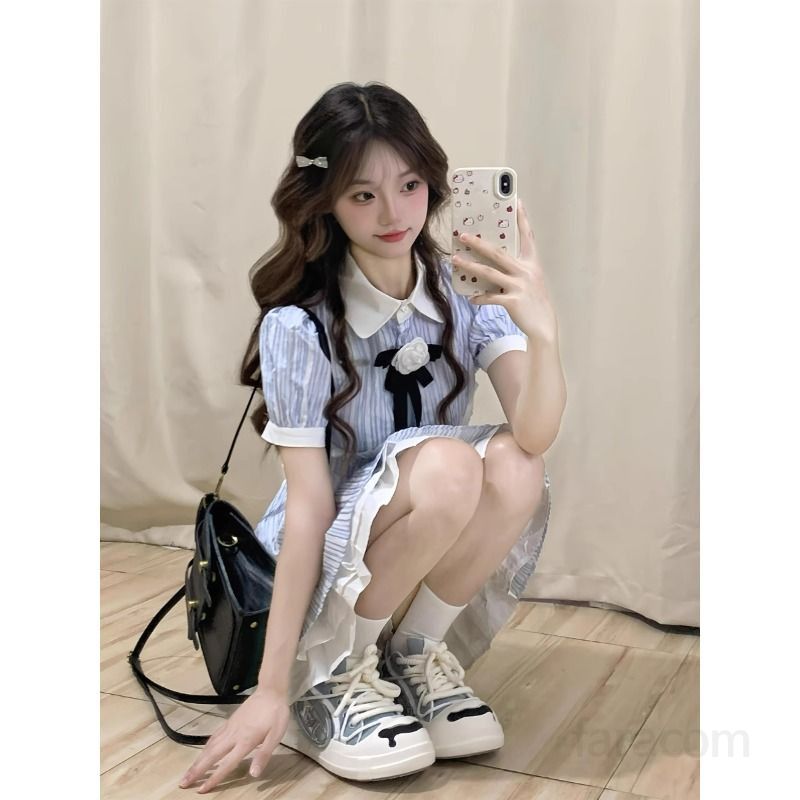 여성 여름 스트라이프 셔츠 원피스 프랑스 스타일 숏 스커트 캐주얼 바캉스룩 시원한 착용감 데일리룩 휴가 원피스 - 상세 이미지 2