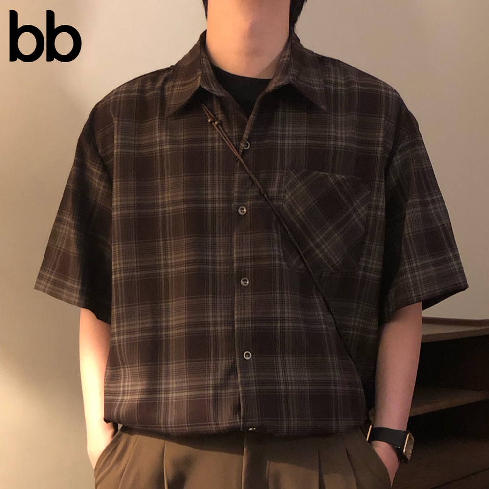 남자체크남방 직장인 봄 셔츠 스트라이프 빅사이즈 남녀공용 여름 스판 오버핏 반팔 브라운 M - 상세 이미지 2