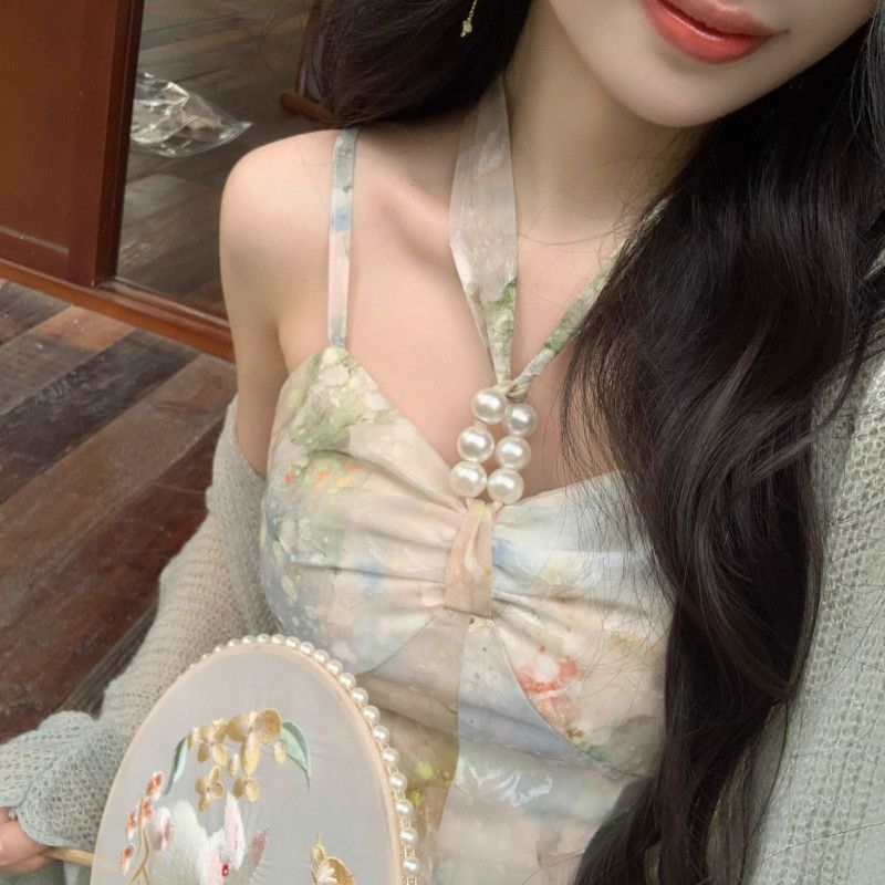 여성 레트로 프린트 자수 홀터넥 서스펜더 스커트 가을 신상 미디 드레스 스타일리시한 디자인 유화 느낌 유니크한 분위기 데일리룩 패션 - 상세 이미지 5