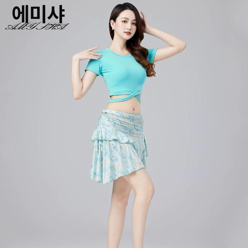 라틴 라인 댄스스커트 댄스복 의상 댄스치마 언발란스 댄스의상 라틴댄스 라인댄스복 방송댄스복 A 스타일 그린 상의+치마+허리 체인 M - 상세 이미지 5