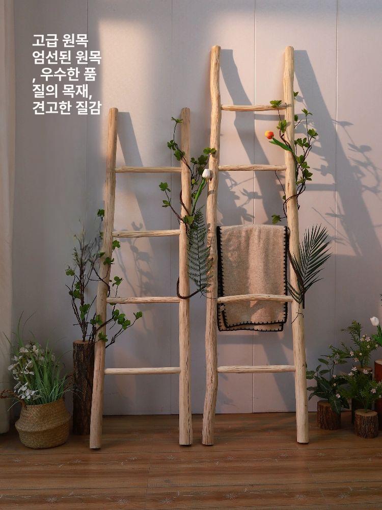 사다리 행거 인테리어 수납사다리 복고풍사다리 옷걸이 코트랙 거치대 옷걸이행거 나무사다리 높이 100cm 사다리 38cm 3단 - 상세 이미지 2