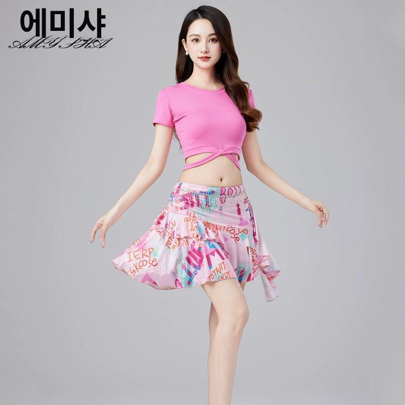 라틴 라인 댄스스커트 댄스복 의상 댄스치마 언발란스 댄스의상 라틴댄스 라인댄스복 방송댄스복 A 스타일 그린 상의+치마+허리 체인 M - 상세 이미지 4