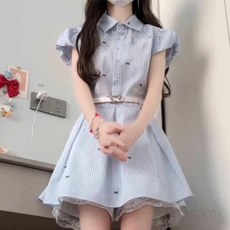 스트라이프 셔츠 드레스 여성 여름용 허리 강조 미니원피스 시원한 착용감 캐주얼한 스타일 데일리룩 - 상품 이미지