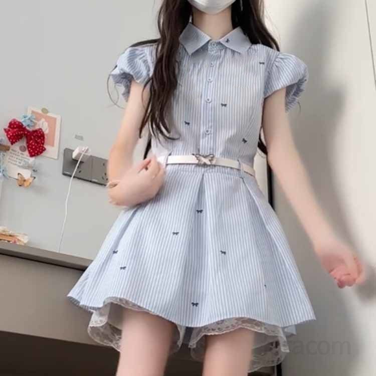 스트라이프 셔츠 드레스 여성 여름용 허리 강조 미니원피스 시원한 착용감 캐주얼한 스타일 데일리룩 - 상세 이미지 3