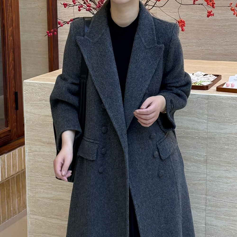 여성 핸드메이드 울100 차콜 그레이 더블버튼 롱코트 겨울 출근룩 하객룩 벨티드 - 상품 이미지