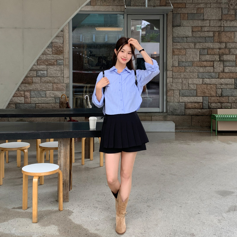 루즈핏 긴팔 크롭 스트라이프 셔츠 bs8400 - 상세 이미지 4
