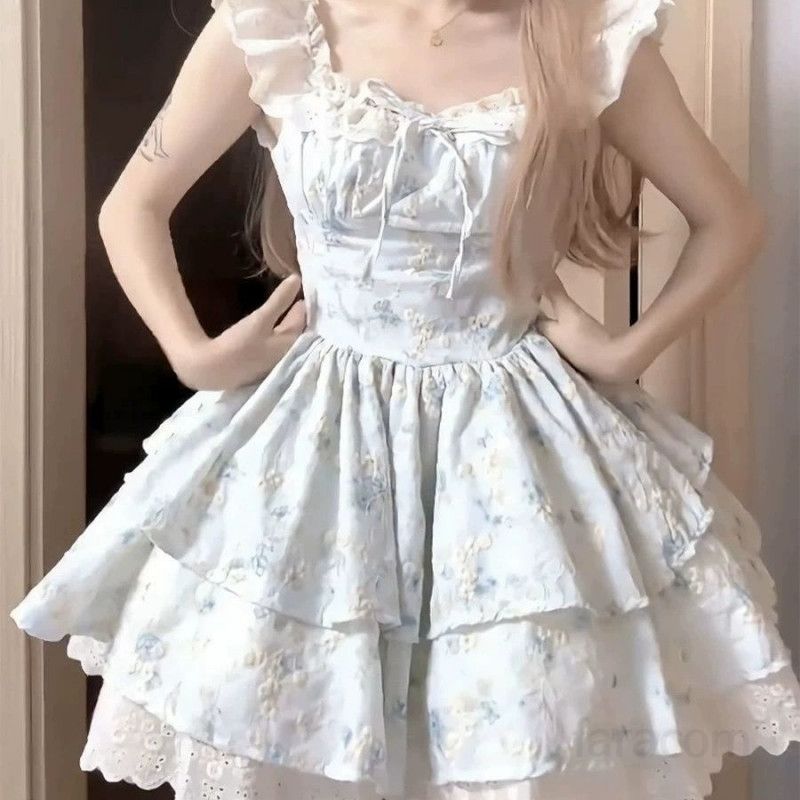 여성 여름 원피스 플라워 패턴 부드러운 소재 공주 스타일 케이크 스커트 날아다니는 소매 로맨틱한 휴양지룩 편안한 착용감 - 상세 이미지 5