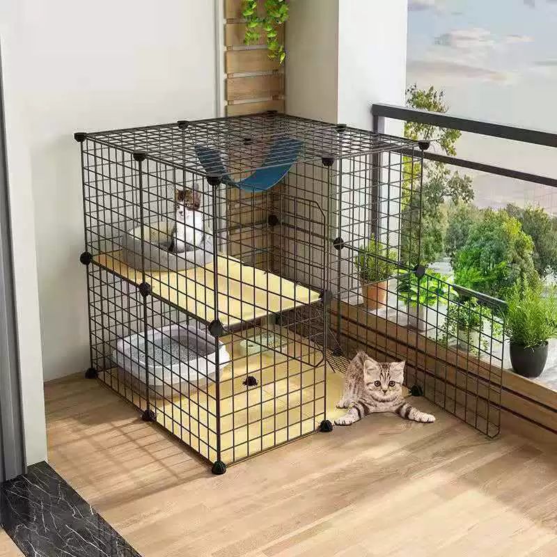 고양이 대형 케이지 철제 켄넬 사육장 애견 펫도어 애견울타리 애견펜스 고양이집 울타리펜스 2층 74x74x74 키튼용 슈퍼형 기본형+모래통+집+식기+해먹 - 상세 이미지 2