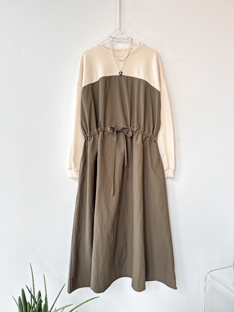 빅사이즈 바스락 타스란 아치라인 믹스 롱 원피스