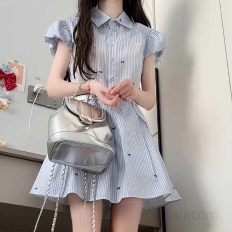 스트라이프 셔츠 드레스 여성 여름용 허리 강조 미니원피스 시원한 착용감 캐주얼한 스타일 데일리룩 - 상세 이미지 2