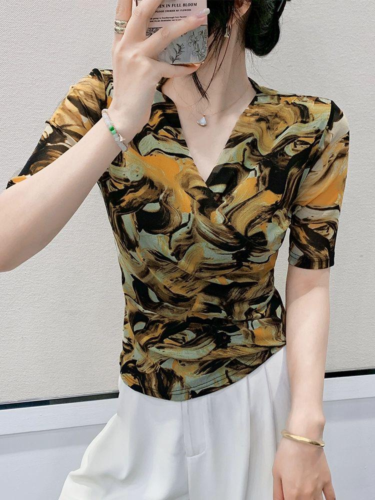 방송댄스복 라틴 여성 반팔 상의 공연복 댄스 라인댄스복 댄스복상의 라틴댄스 여성댄스복 카키 S - 상품 이미지