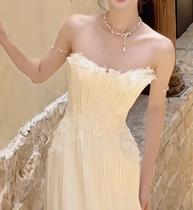 플리츠 셀프웨딩드레스 심플 튜브톱 A라인 레이스 자수 본식 촬영 파티 이브닝드레스 - 상세 이미지 3