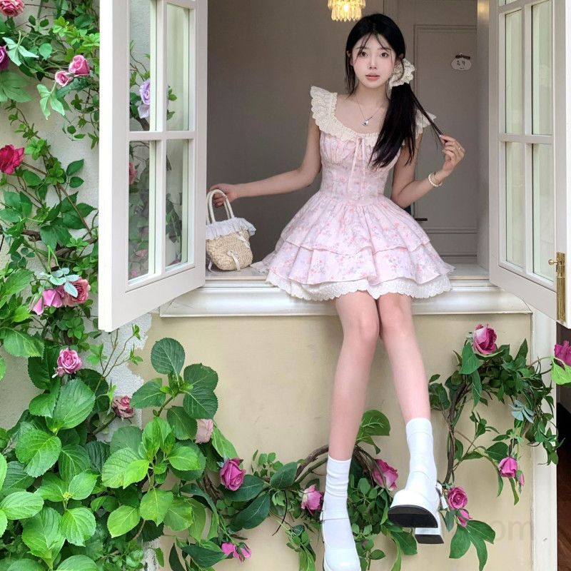 스퀘어넥 플라워 미니드레스 허리 슬림핏 여름 파티룩 플라잉 슬리브 부드러운 착용감 데일리 스타일링 가능한 여성 원피스 - 상세 이미지 5