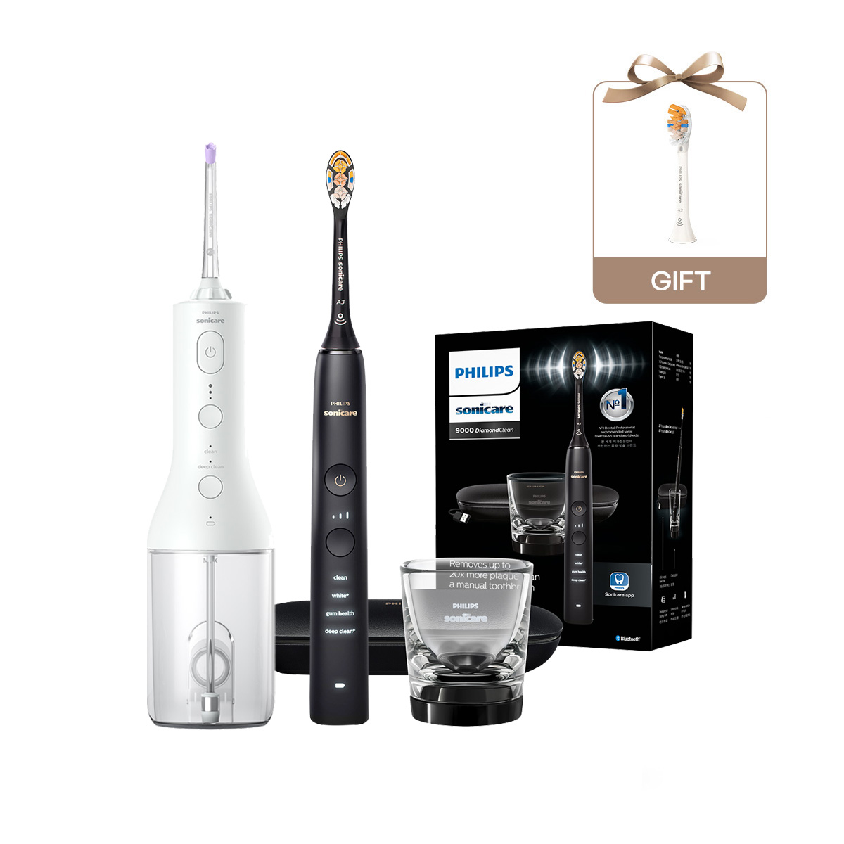 필립스 소닉케어 전동칫솔 구강세정기 세트 다이아몬드클린 9000 블랙/화이트