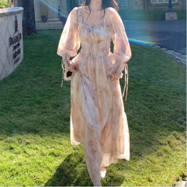 쉬폰 롱원피스 여성 프렌치 프린트 플라워 드레스 봄 가을 날씬한 스타일 하객룩 데일리 착용감 부드러운 인기 트렌디한 패션 - 상품 이미지