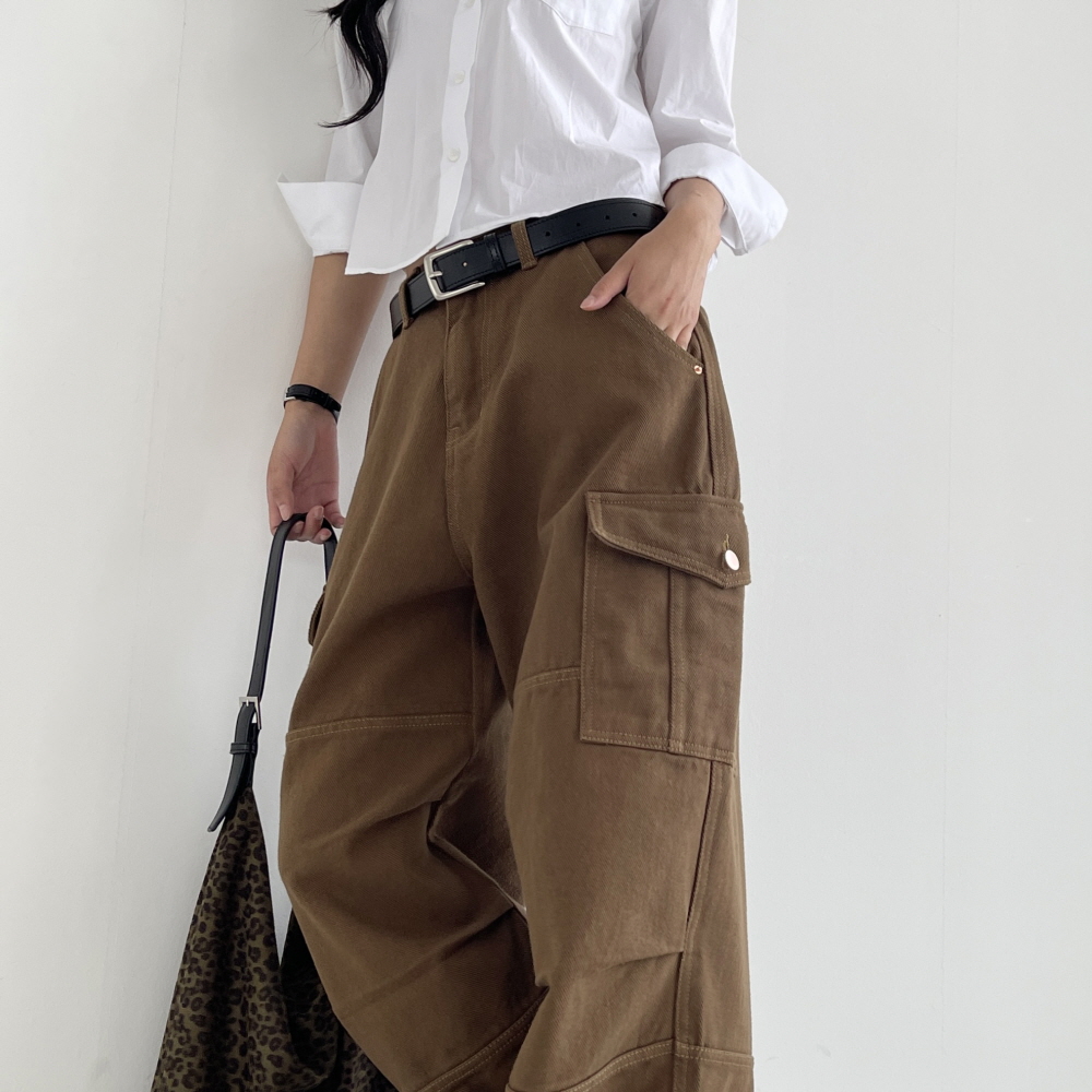 여성카고팬츠 하이웨스트 가을 겨울 브라운 블랙 코튼 세미와이드 면바지 어텀카고팬츠 - 상세 이미지 4