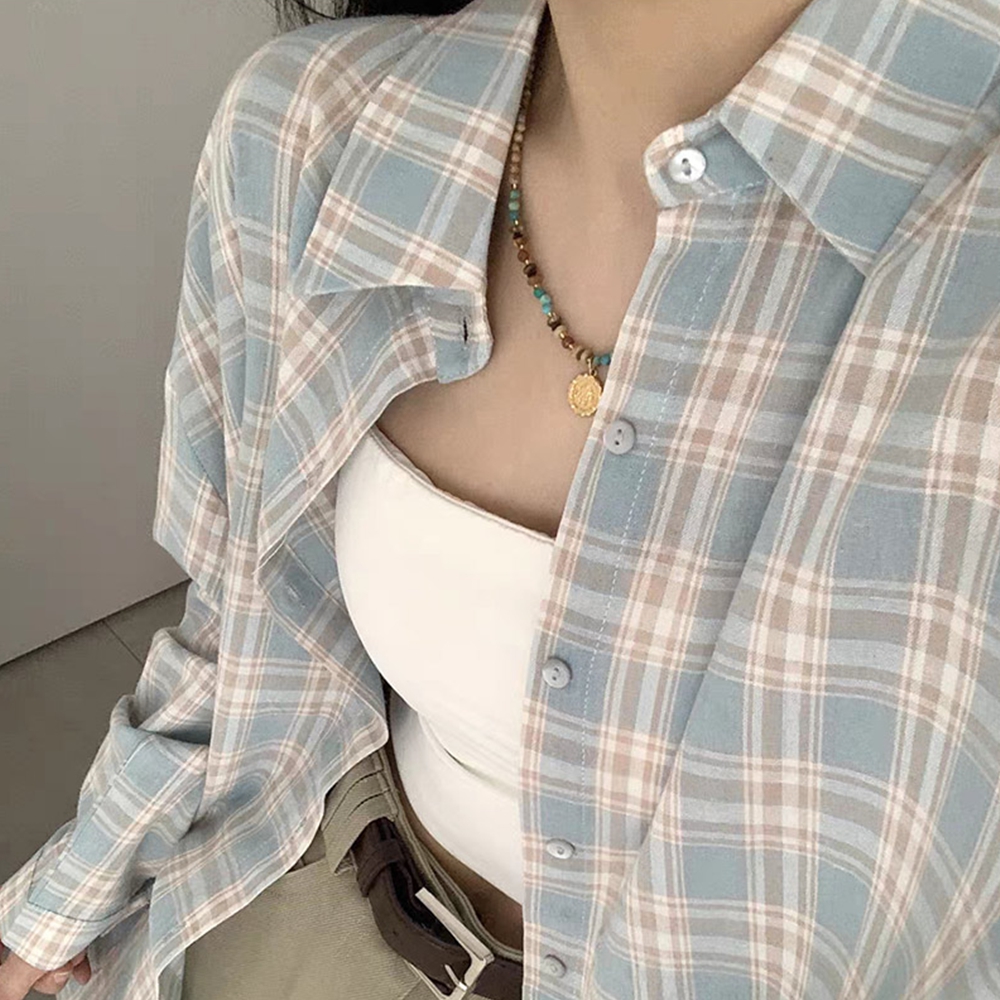 여성난방 체크무늬 레이어드 긴팔 가을 남방 이미지 6
