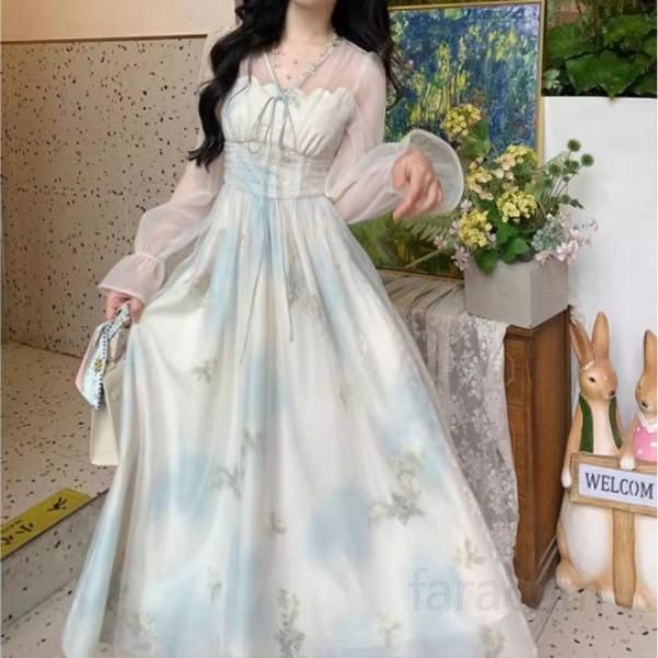 여성 우아한 레이스 V넥 프린트 드레스 결혼식 피로연 파티용 여름 슬리밍 스타일 연주회 촬영 민소매 플로럴 프릴 디자인 - 상품 이미지