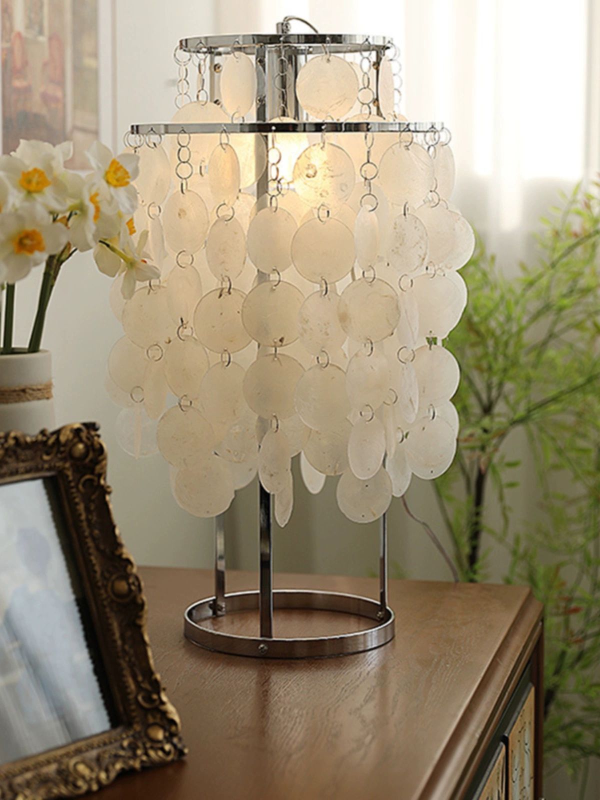 펀 자개 조명 무드등 인테리어조명 테이블램프 크롬 직경 30x높이 45CM-1개 버튼 스위치 국내 평면 플러그 - 상품 이미지