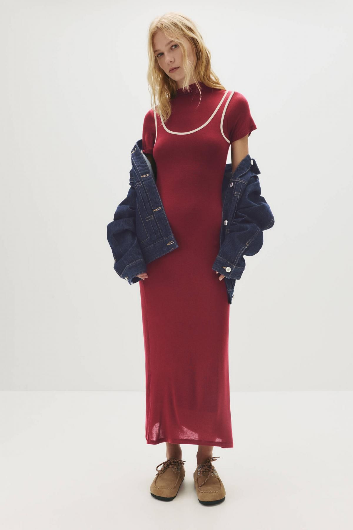 풀앤베어 스트레치 배색 더블 골지 롱 원피스 7394/344 MAROON - 상세 이미지 3