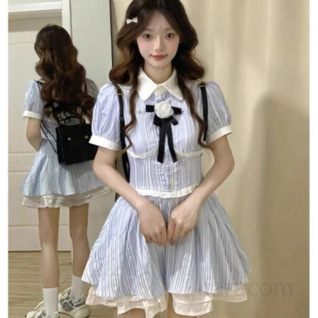 여성 여름 스트라이프 셔츠 원피스 프랑스 스타일 숏 스커트 캐주얼 바캉스룩 시원한 착용감 데일리룩 휴가 원피스 - 상품 이미지