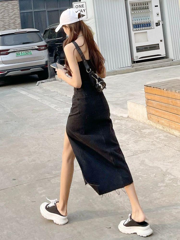 데님 롱 스커트 멜빵 플레어 빅사이즈 여성 치마 바지 블랙 고품질 S 추천 40.0-45.0kg - 상세 이미지 4