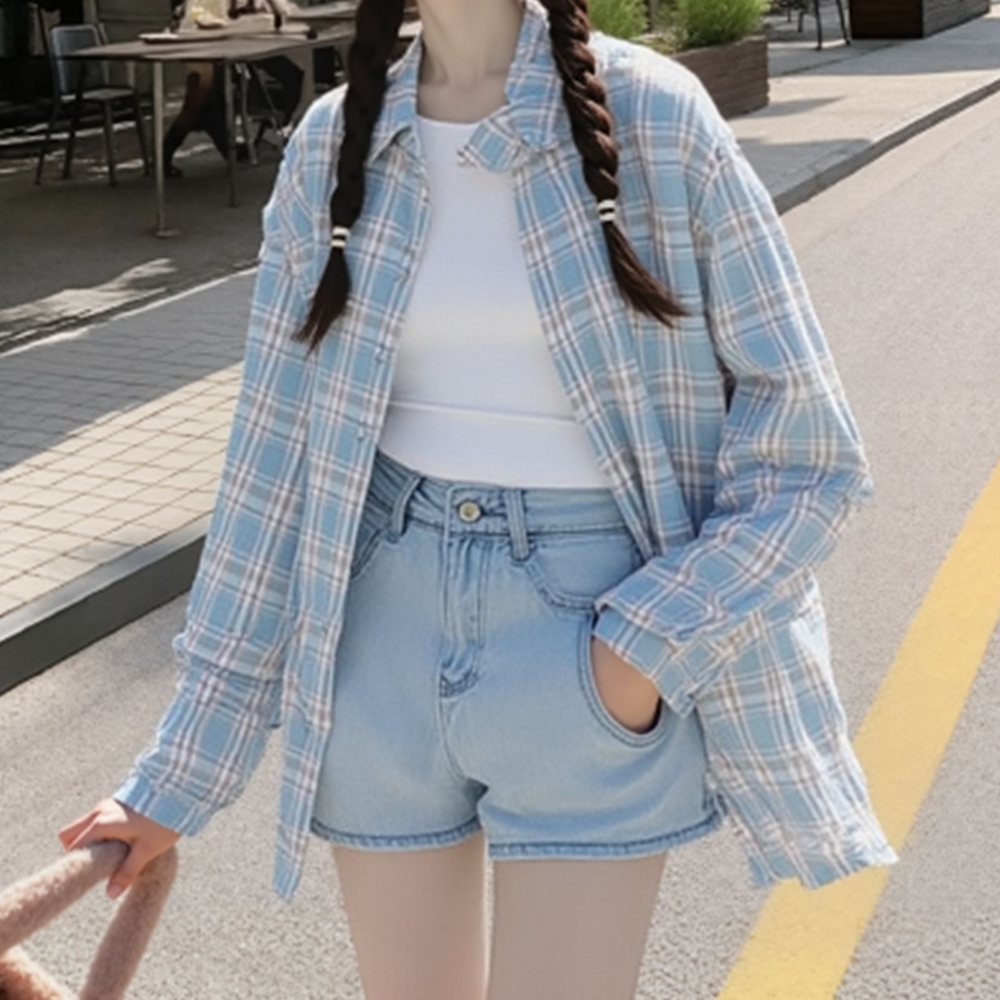 여성난방 체크무늬 레이어드 긴팔 가을 남방 - 상세 이미지 5