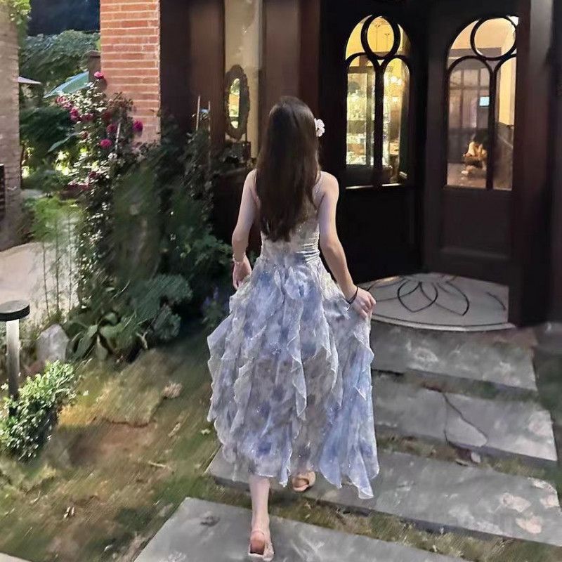 플로럴 서스펜더 롱 드레스 여성 가을 휴양지룩 바캉스원피스 도파민 웨어 스타일 해변 산책용 시원하고 편안한 착용감 - 상세 이미지 3