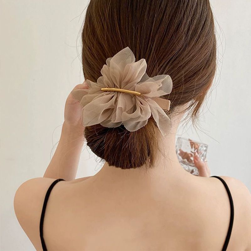요정 시폰 헤어핀 헤어삔 패셔너블한 휴양지 여성용 리본헤어밴드 머리띠 웨딩헤어밴드 카키 - 상세 이미지 2