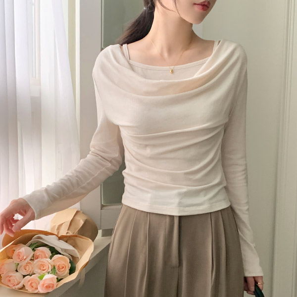 일체형 나시 레이어드 셔링 드레이프 긴팔 티셔츠 ts4696 - 상품 이미지