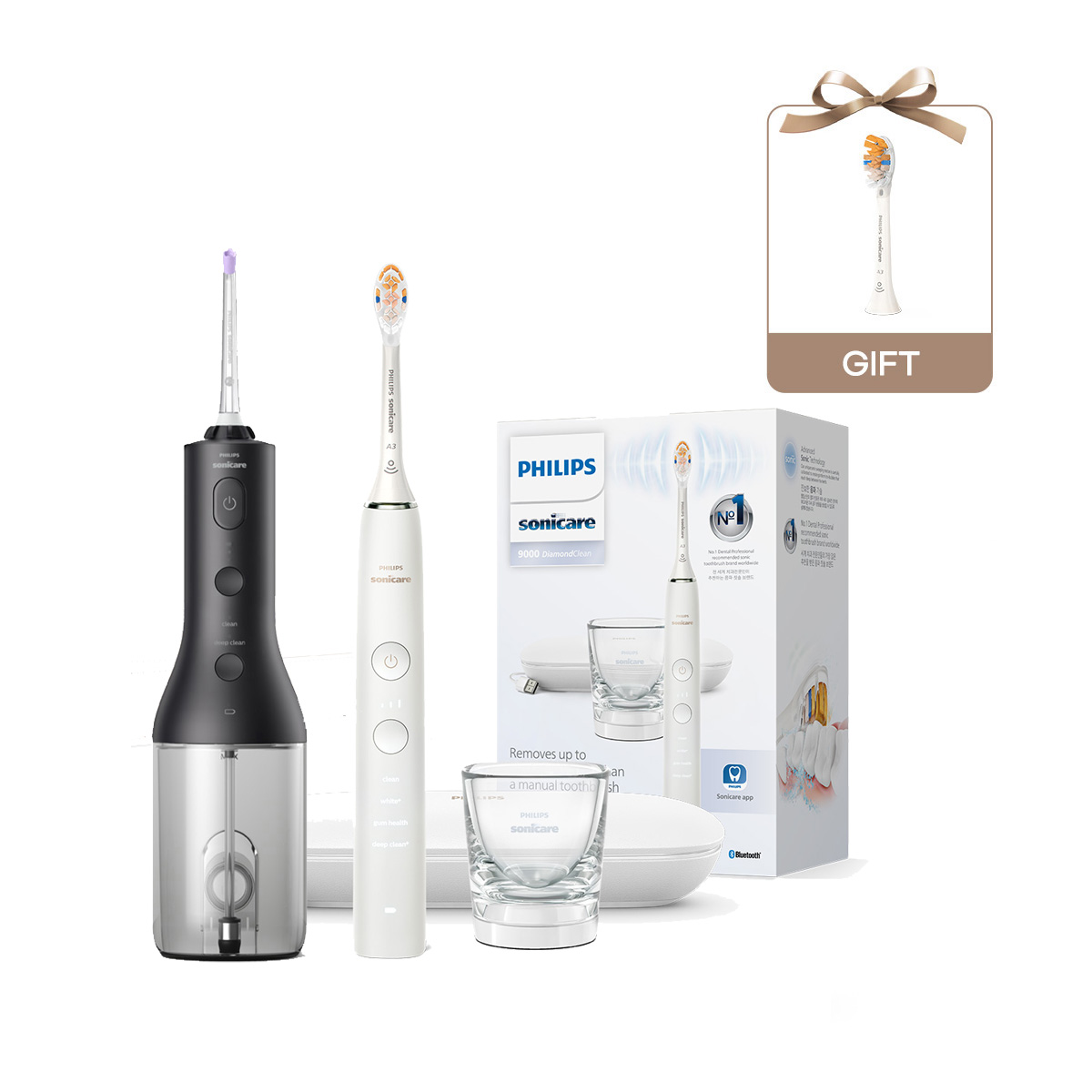 필립스 소닉케어 전동칫솔 구강세정기 세트 다이아몬드클린 9000 화이트/블랙