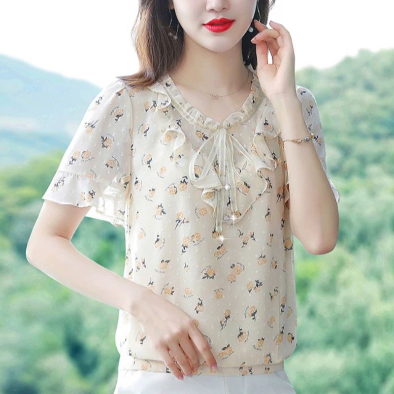 반팔 여름 오버핏 기능성 기본 쿨론 반팔블라우스 티블라우스 프릴블라우스 여성 살구색 바탕 노란꽃 M - 상품 이미지